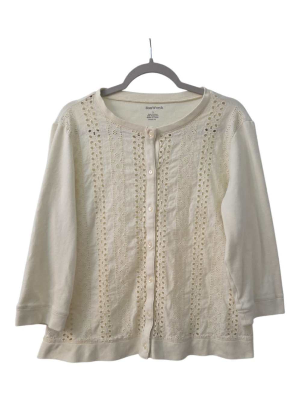 Bon Worth Vintage Butter Yellow Eyelet Button Front Cardigan L